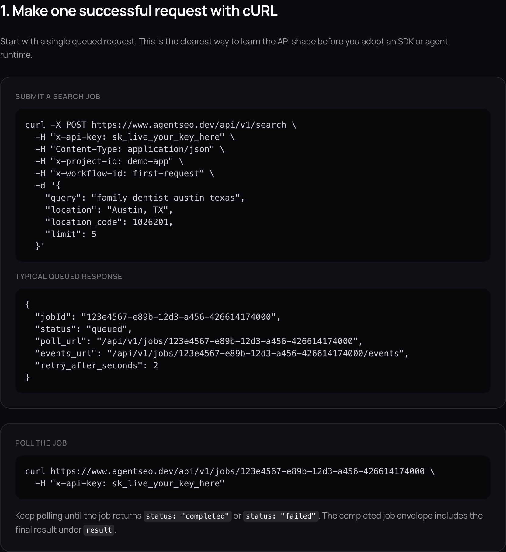AgentSEO quickstart docs showing a first request, queued response, and job polling flow.